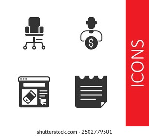 Set Notebook, Office chair, Online shopping on screen and Business investor icon. Vector