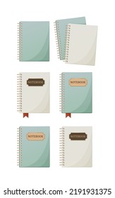 Set of notebook on rings with bookmark for notes with an inscription. Various position. Vector illustration. For school, university, banner, poster. Education concept.