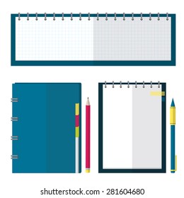 Set of notebook, organizer, planner  with pen and pencil.  Flat design style illustration.