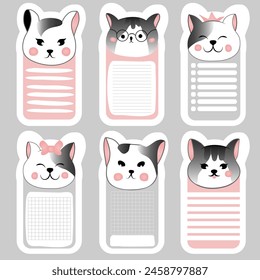 A set of notebook pages with cute cat faces. Template for planning, to-do list, daily schedule, sheet for notes and other reminders.