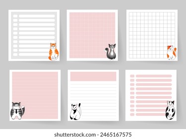 A set of notebook pages with cute cats. Template for planning, to-do list, daily schedule, sheet for notes and other reminders.