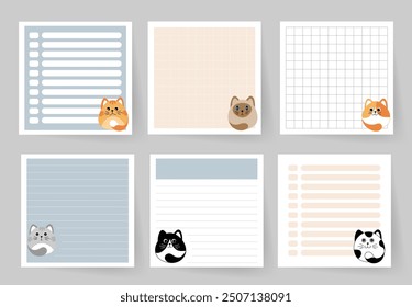 A set of notebook pages with cute cats. Template for planning, to-do list, daily schedule, sheet for notes and other reminders.