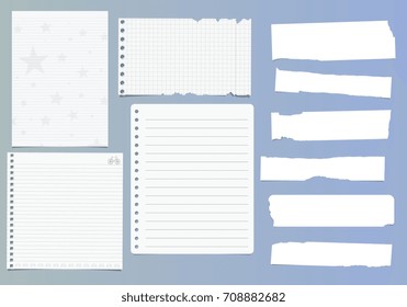 Set of notebook paper sheets - chequered, ruled, with stars and bicycle design and ripped pieces of blank white paper on blue background
