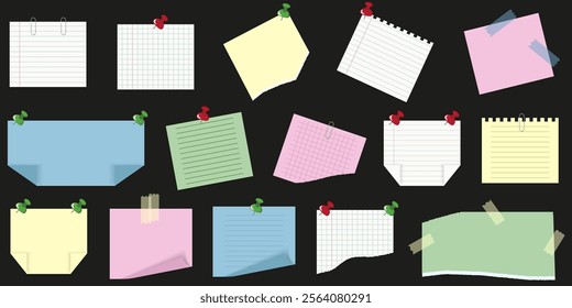 Set notebook Paper Sheets Mockup isolated black background. Office tag collection with Paper Clip. Paper Sticker vector Set. EPS 10