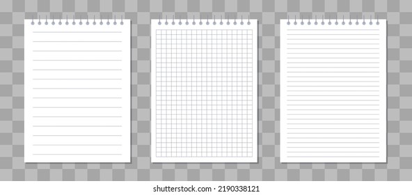 Set of notebook papers, blank sheets of square and lined paper isolated on a transparent background. Vector illustration.