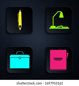 Set Notebook, Pen, Briefcase and Workplace with table lamp and open book. Black square button. Vector