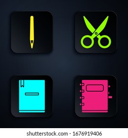 Set Notebook, Pen, Notebook and Scissors. Black square button. Vector