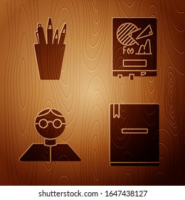Coloque el portátil, el papel de estuche de lápiz, el alumno y la placa con un gráfico de gráficos sobre fondo de madera. Vector