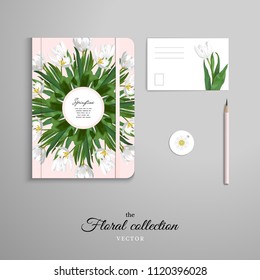 Set of notebook, pencil, tag and card. A pattern of white tulips.