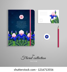 Set of notebook, pencil, tag and card. Floral pattern of irises. Oriental style