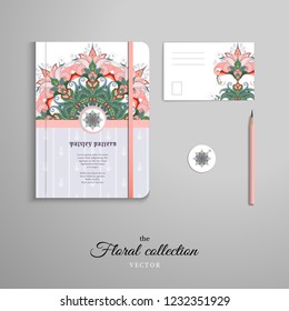 Set of notebook, pencil, tag and card with  indian paisley pattern