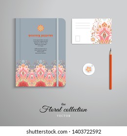 Set of notebook, pencil, tag and card. Beautiful floral eastern pattern with peacock feathers and paisley