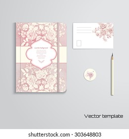 Set of notebook, pencil, tag and card. Victorian garden roses in vintage style. Hand drawing on watercolor backdrop. 