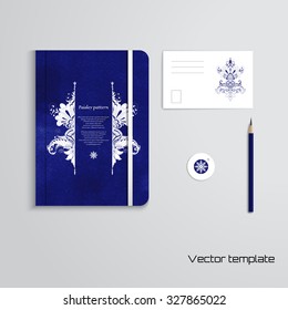 Set of notebook, pencil, tag and card. Beautiful floral oriental pattern in vintage style. Watercolor hand drawing background. 