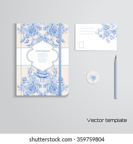Set of notebook, pencil, tag and card. Delicate pattern of french garden roses. 