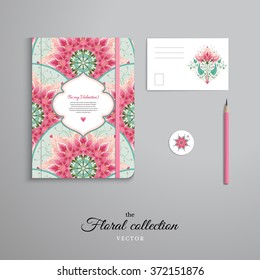 Set of notebook, pencil, tag and card. Fantasy floral round background and delicate ornament on backdrop. All design elements consist of hearts. Wedding or Valentine's Day.