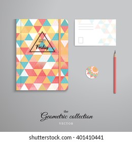 Set of notebook, pencil, tag and card. Insert "Happy friday". Multicolored triangles and grid.