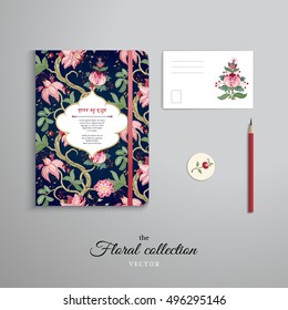 Set of notebook, pencil, tag and card. Floral pattern of indian flowers.