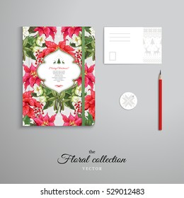 Set of notebook, pencil, tag and card. Branches with holly and Christmas star and hellebore flowers. Norwegian ornament on backdrop. Christmas collection