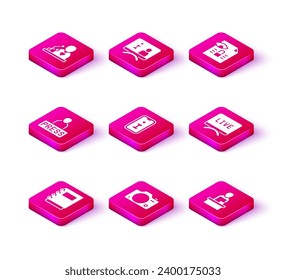 Set Notebook, Photo Camera, Journalist news, Information, Breaking, Live report, Journalist research e icon de la televisión. Vector