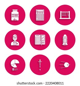 Set Notebook, Pipette, Satellite, Space shuttle and rockets, Pie chart infographic, Scientist, Pendulum and Medicine bottle pills icon. Vector