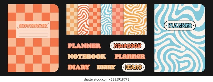 Set of notebook, planner, diary cover design. Backgrounds in retro groovy style.