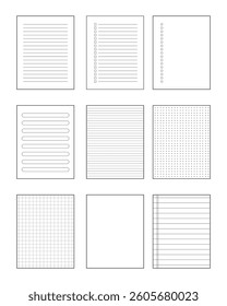 Set of Notebook and Planner Pages – Lined, Grid, To-Do Lists, and Graph Paper in Soft Pastel Colors – Aesthetic Collage for Journaling, Scrapbooking, and Digital Design – Vector Illustration