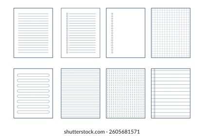 Set of Notebook and Planner Pages – Lined, Grid, To-Do Lists, and Graph Paper in Soft Pastel Colors – Aesthetic Collage for Journaling, Scrapbooking, and Digital Design – Vector Illustration