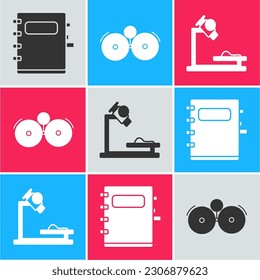 Set Notebook, Ringing alarm bell and Microscope icon. Vector
