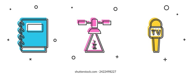 Set Notebook, Satellite und Mikrofon Symbol. Vektorgrafik