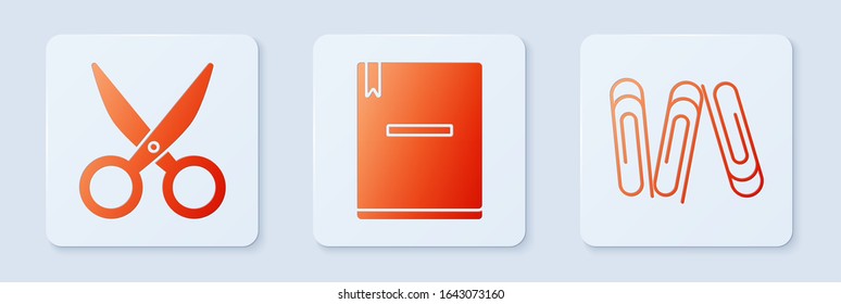 Set Notebook, Scissors and Paper clip. White square button. Vector