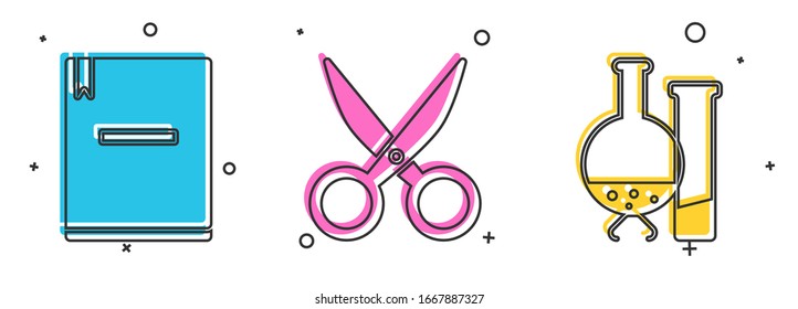 Coloque un icono de ensayo de laboratorio químico para equipos portátiles, tijeras y tubos de ensayo. Vector