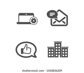 Set of Notebook service, Feedback and New mail icons. Company sign. Computer repair, Speech bubble, Received e-mail. Building.  Classic design notebook service icon. Flat design. Vector