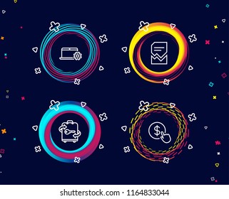 Set of Notebook service, Luggage and Corrupted file icons. Buy currency sign. Computer repair, Baggage locker, Damaged document. Money exchange.  Circle banners with line icons. Gradient colors shapes