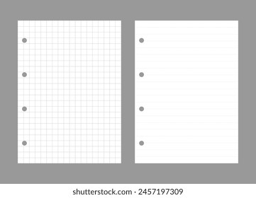 Set of notebook sheets isolated on gray background. Realistic white blanks of checkered and lined paper. Different vertical pages from diary. Vector template.