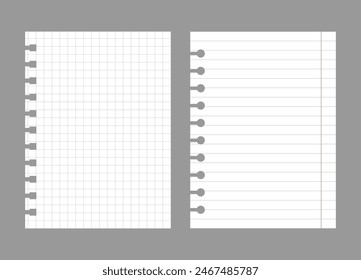 Conjunto de hojas de cuaderno aisladas sobre fondo gris. Realista blanco en blanco de papel a cuadros y forrado. Diferentes páginas de Vertical del diario. Vector Plantilla.