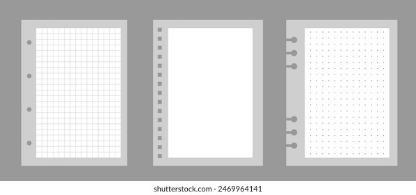 Set of notebook sheets isolated on gray background. Realistic white blanks of checkered, lined and dots paper. Different vertical pages from diary. Vector template.