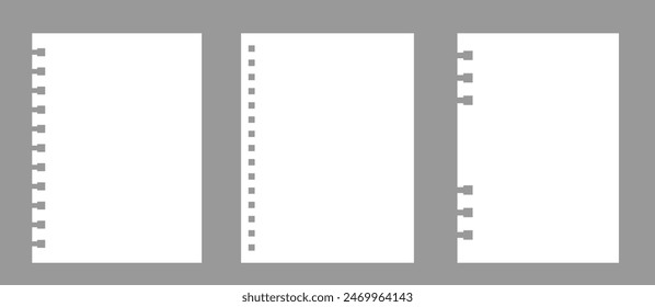 Set of notebook sheets isolated on gray background. Realistic white blanks paper. Different vertical pages from diary. Vector template.
