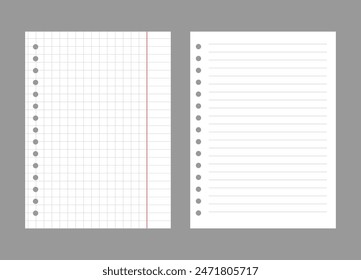 Set of notebook sheets isolated on gray background. Realistic white blanks of checkered and lined paper. Different vertical pages from diary. Vector template.