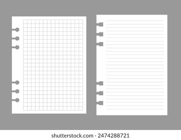 Set of notebook sheets isolated on gray background. Realistic white blanks of checkered and lined paper. Different vertical pages from diary. Vector template.