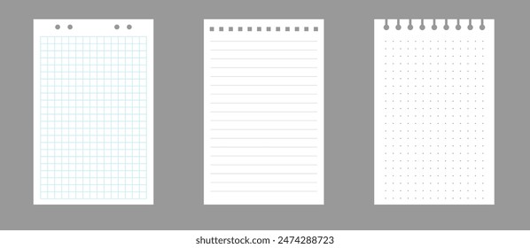 Set of notebook sheets isolated on gray background. Realistic white blanks of checkered, lined and dots paper. Different vertical pages from diary. Vector template.