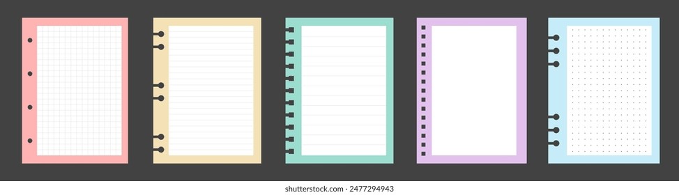 Set of notebook sheets isolated on gray background. Realistic white blanks of checkered, lined and dots paper. Different vertical pages from diary. Vector template.