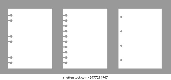 Set of notebook sheets isolated on gray background. Realistic white blanks paper. Different vertical pages from diary. Vector template.