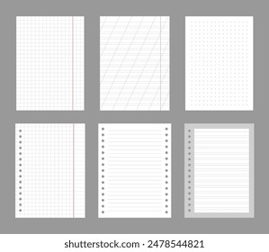 Set of notebook sheets isolated on gray background. Realistic white blanks of checkered, lined and dots paper. Different vertical pages from diary. Vector template.