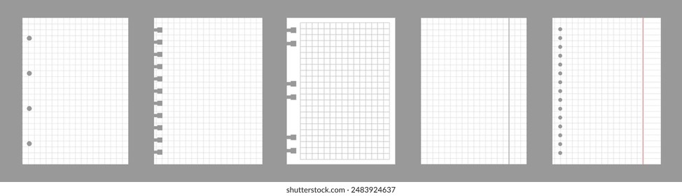 Set of notebook sheets isolated on gray background. Realistic white blanks of checkered paper. Different vertical pages from diary. Vector template.