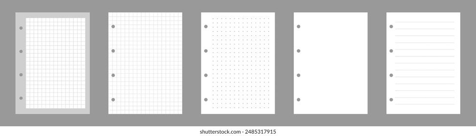 Set of notebook sheets isolated on gray background. Realistic white blanks of checkered, lined and dots paper. Different vertical pages from diary. Vector template.