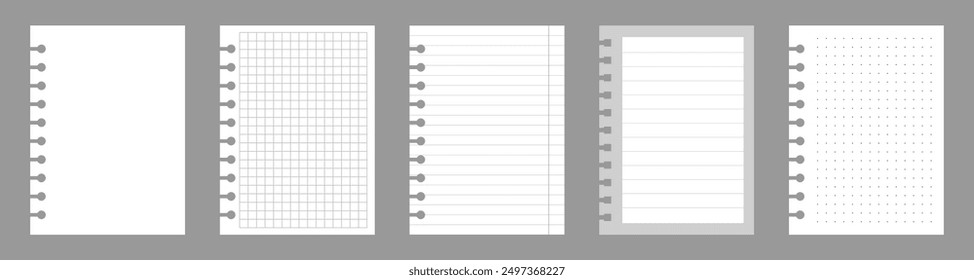 Set of notebook sheets isolated on gray background. Realistic white blanks of checkered, lined and dots paper. Different vertical pages from diary. Vector template.