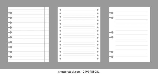 Set of notebook sheets isolated on gray background. Realistic white blanks of lined paper. Different vertical pages from diary. Vector template.