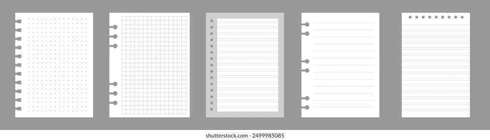 Set of notebook sheets isolated on gray background. Realistic white blanks of checkered, lined and dots paper. Different vertical pages from diary. Vector template.