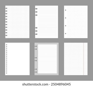Set of notebook sheets isolated on gray background. Realistic white blanks of checkered, lined and dots paper. Different vertical pages from diary. Vector template.